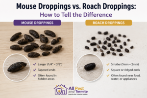 Side-by-side comparison of mouse droppings and roach droppings showing size, shape, texture, and common hiding places to help homeowners identify which pest may be present.