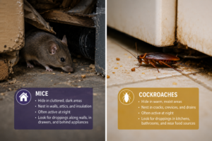 Side-by-side image showing a mouse hiding in a cluttered dark area of a home and a cockroach near a kitchen appliance, highlighting where each pest is commonly found indoors.